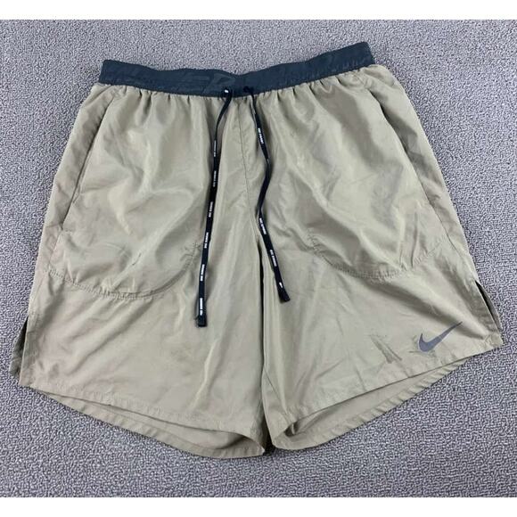 Nike Dri Fit Shorts Men's S Tan Running Drawstring Pockets Split Hem Logo Swoosh - Picture 1 of 8